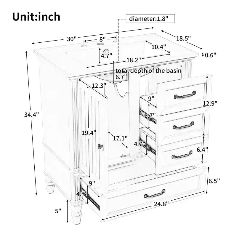 Meuble-lavabo de salle de bain de 30 pouces avec lavabo et armoire de rangement