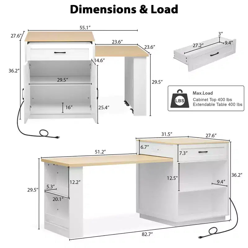 Îlot de cuisine avec table à manger extensible et rangements intégrés