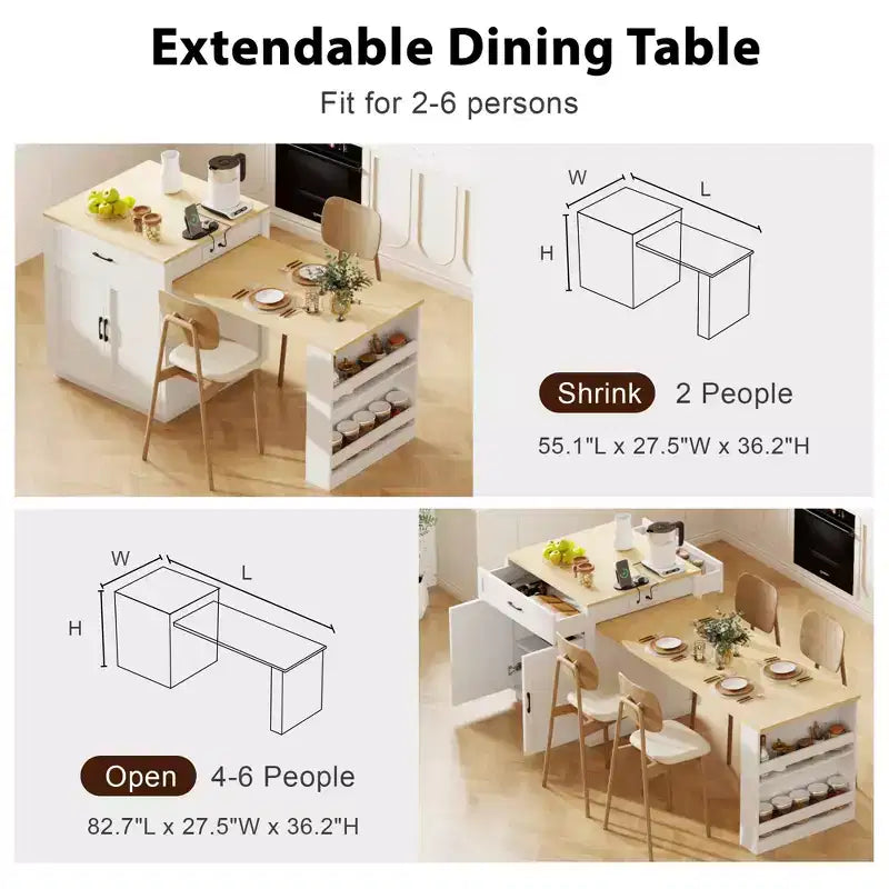 Îlot de cuisine avec table à manger extensible et rangements intégrés