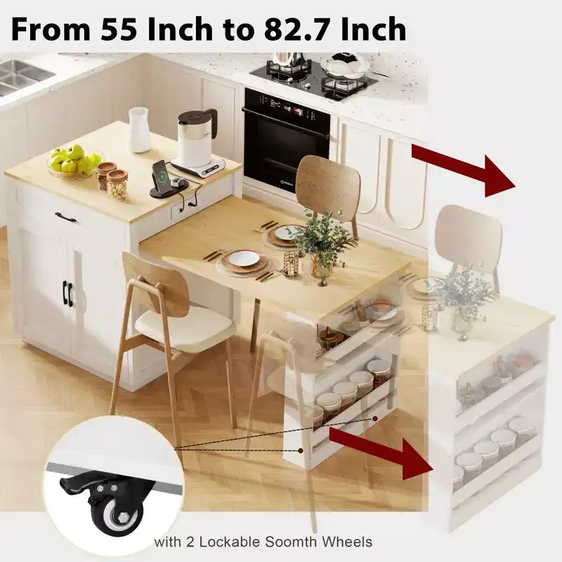 Îlot de cuisine avec table à manger extensible et rangements intégrés