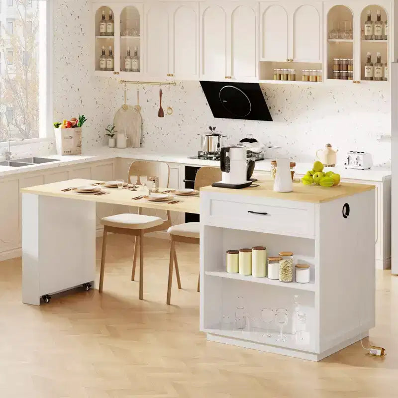 Îlot de cuisine avec table à manger extensible et rangements intégrés