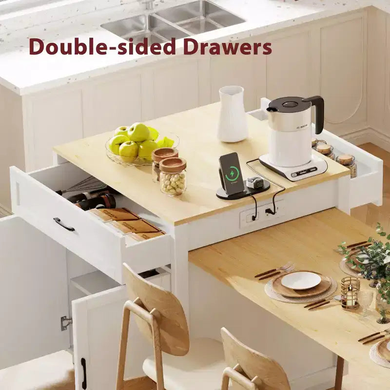 Îlot de cuisine avec table à manger extensible et rangements intégrés