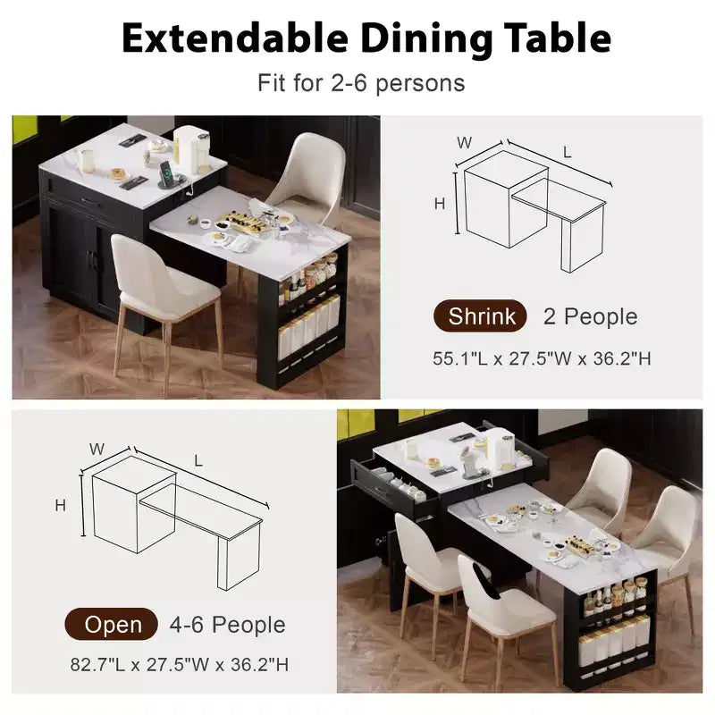 Îlot de cuisine avec table à manger extensible et rangements intégrés