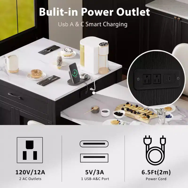 Îlot de cuisine avec table à manger extensible et rangements intégrés