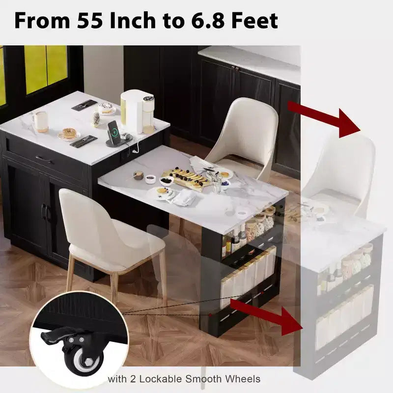 Îlot de cuisine avec table à manger extensible et rangements intégrés