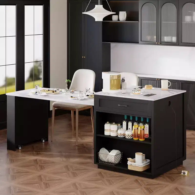 Îlot de cuisine avec table à manger extensible et rangements intégrés