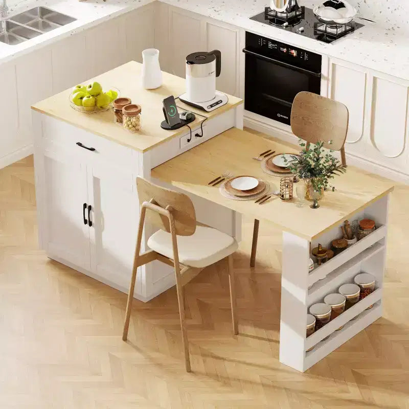 Îlot de cuisine avec table à manger extensible et rangements intégrés