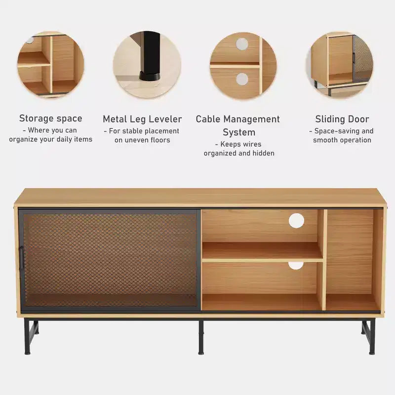 Meuble TV industriel avec portes coulissantes grillagées et étagères en bois