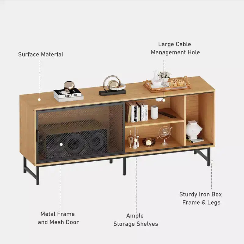 Meuble TV industriel avec portes coulissantes grillagées et étagères en bois