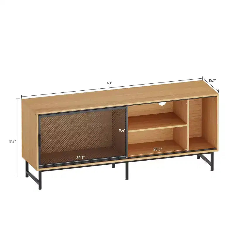 Meuble TV industriel avec portes coulissantes grillagées et étagères en bois