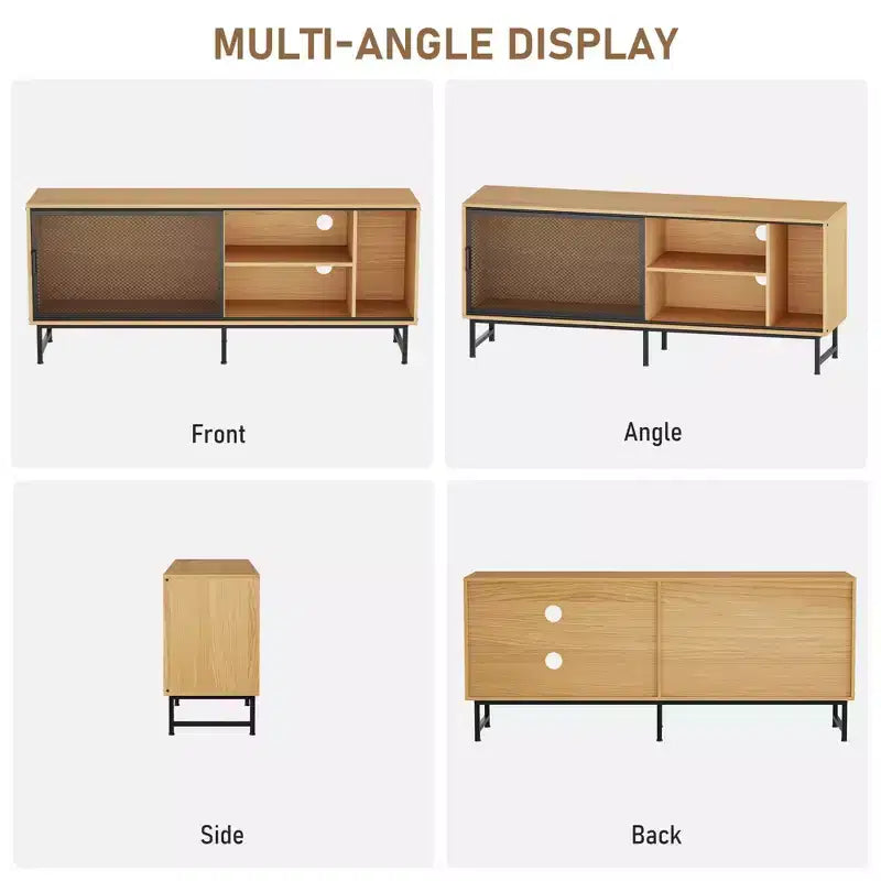 Meuble TV industriel avec portes coulissantes grillagées et étagères en bois