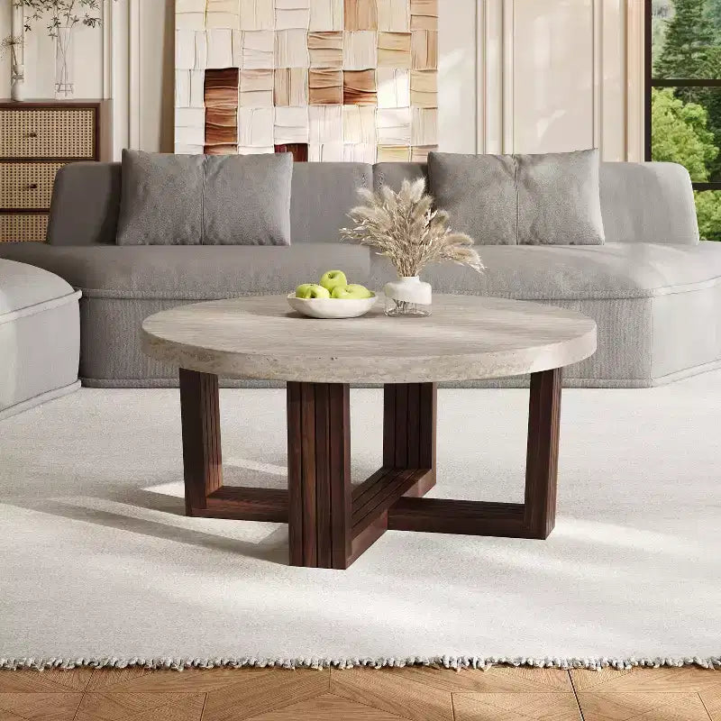 Table basse ronde de 31,5 pouces avec plateau en marbre et piètement en croix en bois