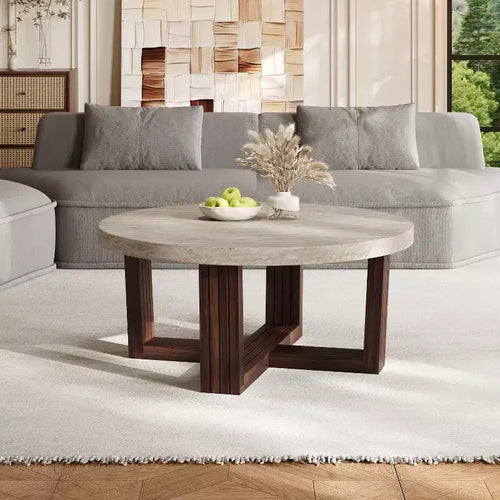 Table basse ronde de 31,5 pouces avec plateau en marbre et piètement en croix en bois