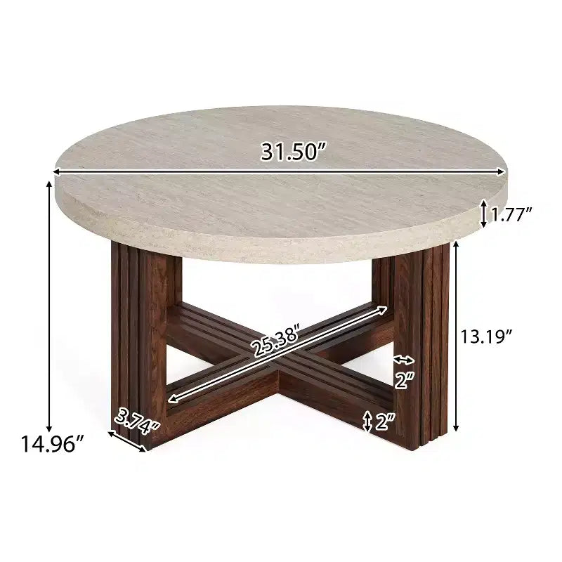 Table basse ronde de 31,5 pouces avec plateau en marbre et piètement en croix en bois