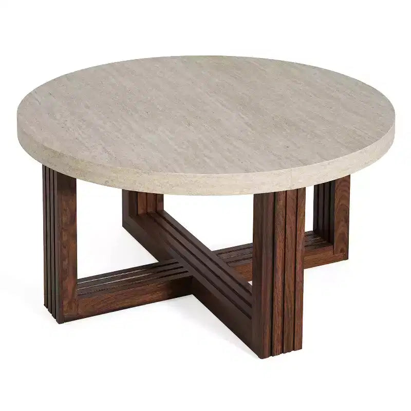 Table basse ronde de 31,5 pouces avec plateau en marbre et piètement en croix en bois