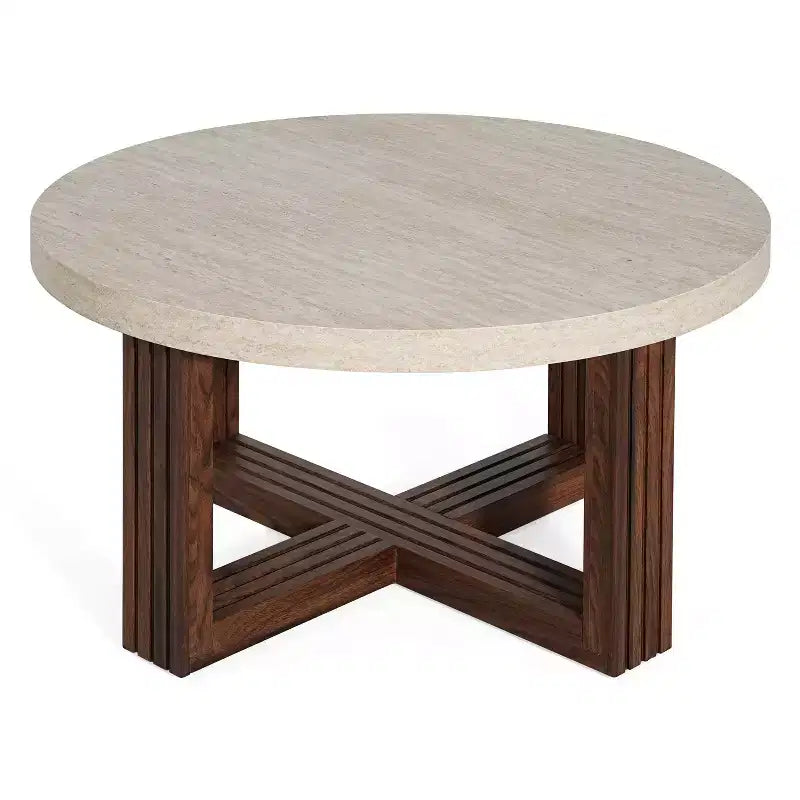Table basse ronde de 31,5 pouces avec plateau en marbre et piètement en croix en bois