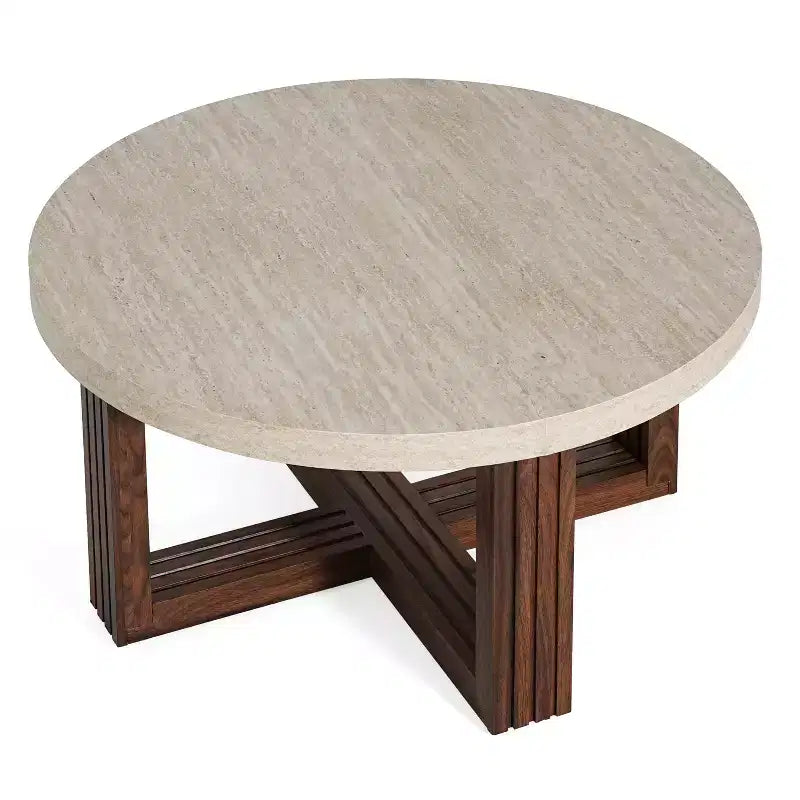 Table basse ronde de 31,5 pouces avec plateau en marbre et piètement en croix en bois
