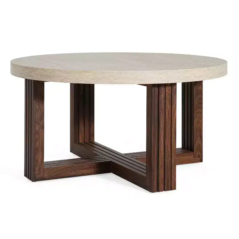 Table basse ronde de 31,5 pouces avec plateau en marbre et piètement en croix en bois