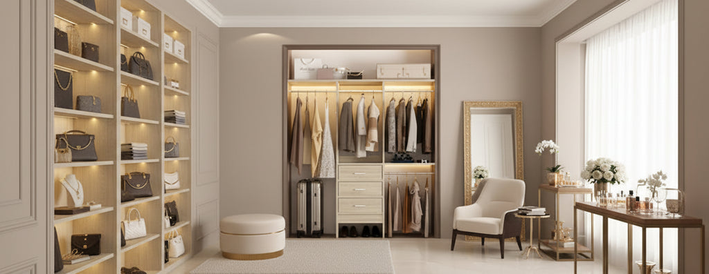Système de rangement de placard réglable de 1,20 m avec tiroirs en tissu et tringles à vêtements