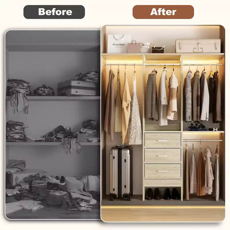 Système de rangement de placard réglable de 1,20 m avec tiroirs en tissu et tringles à vêtements