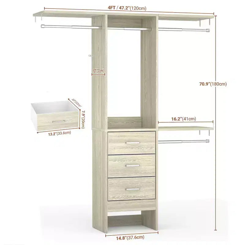 Système de rangement de placard réglable de 1,20 m avec tiroirs en tissu et tringles à vêtements