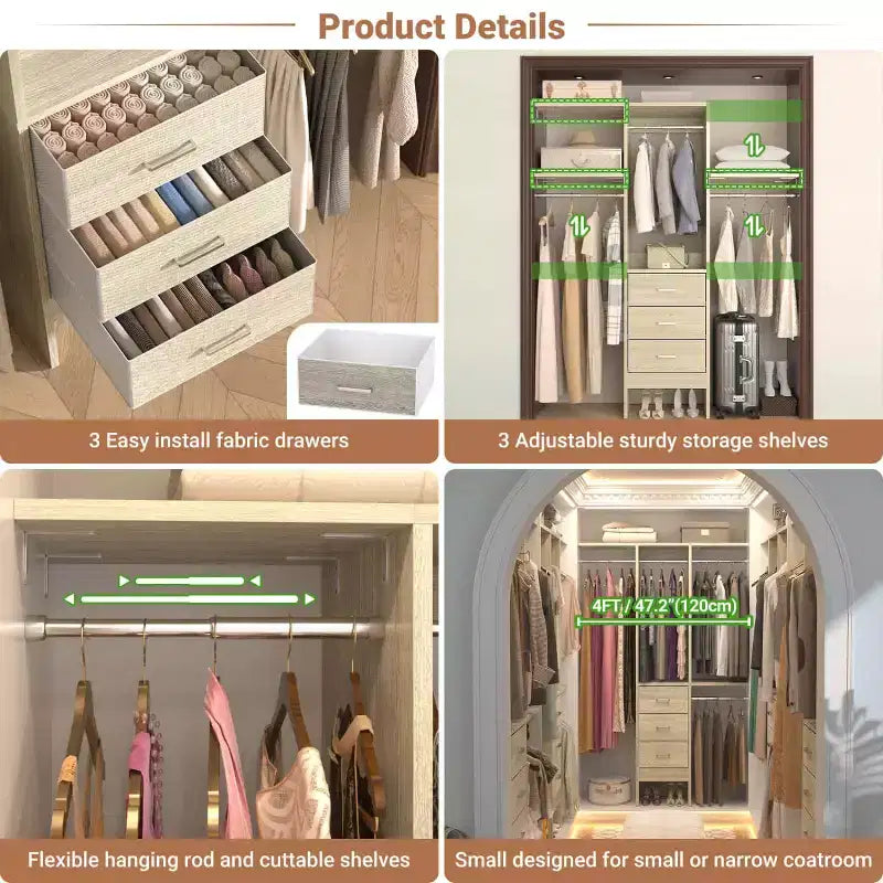 Système de rangement de placard réglable de 1,20 m avec tiroirs en tissu et tringles à vêtements