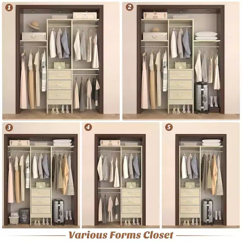 Système de rangement de placard réglable de 1,20 m avec tiroirs en tissu et tringles à vêtements