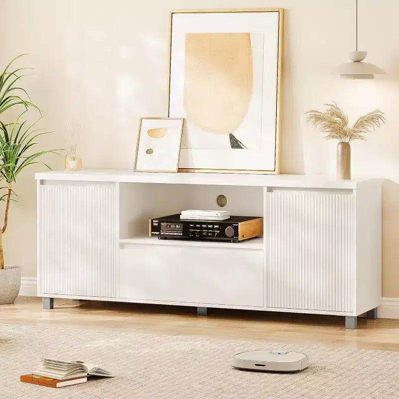 Meuble TV cannelé avec rangement – Convient aux téléviseurs jusqu'à 70 pouces, blanc