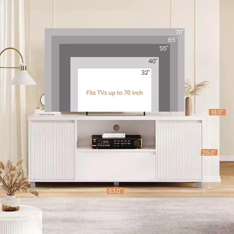 Meuble TV cannelé avec rangement – Convient aux téléviseurs jusqu'à 70 pouces, blanc