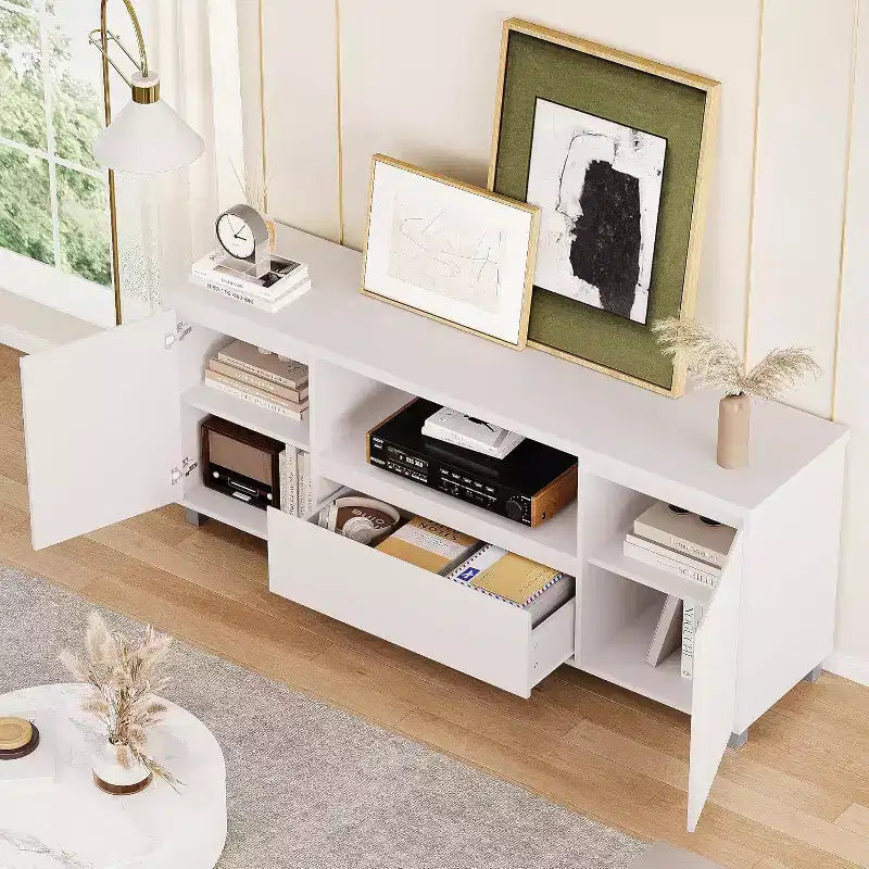 Meuble TV cannelé avec rangement – Convient aux téléviseurs jusqu'à 70 pouces, blanc