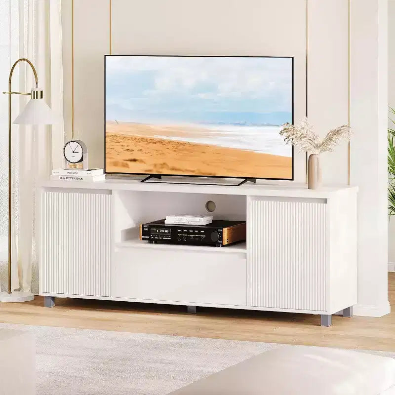 Meuble TV cannelé avec rangement – Convient aux téléviseurs jusqu'à 70 pouces, blanc