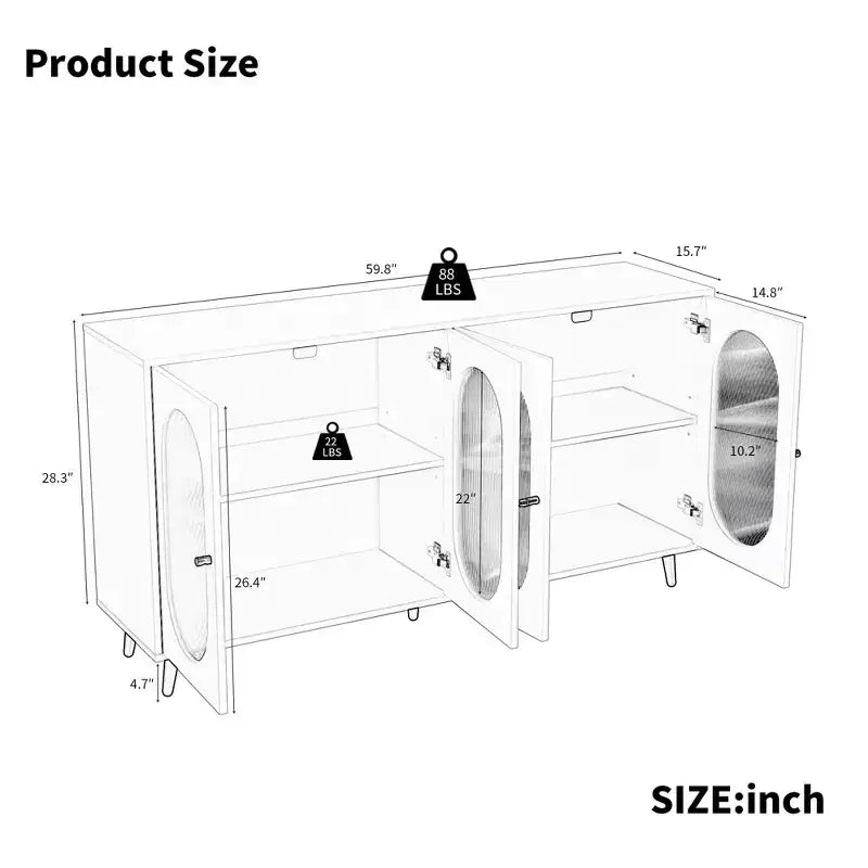 Meuble de rangement buffet de 60 pouces avec 4 portes en acrylique et pieds en métal