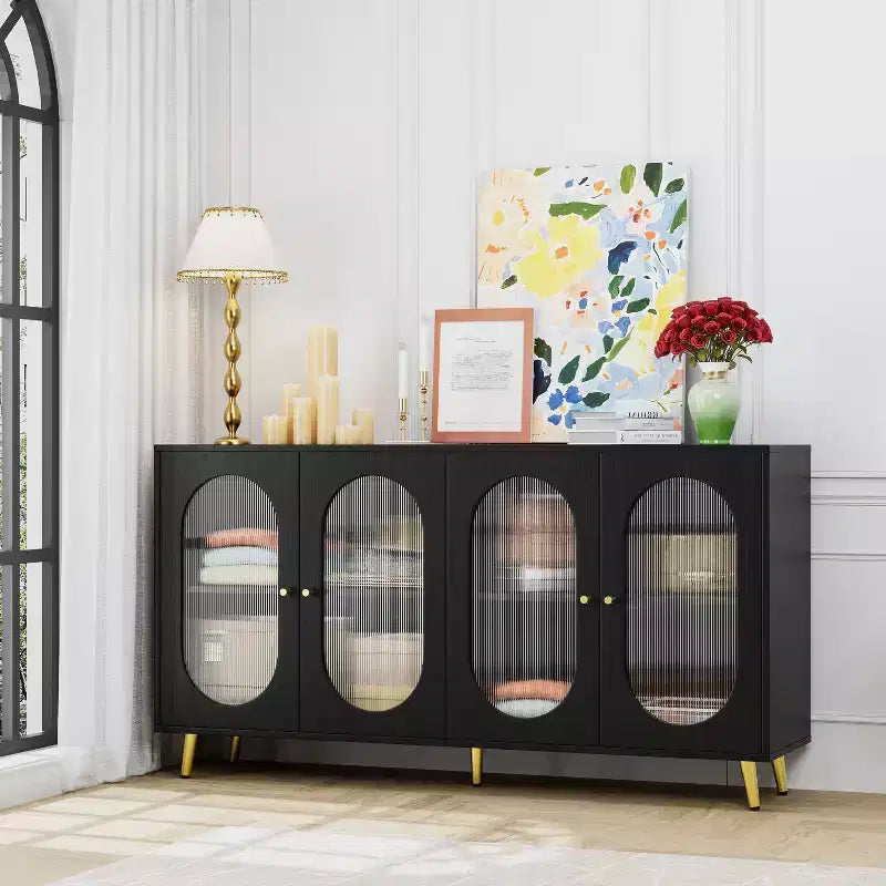 Meuble de rangement buffet de 60 pouces avec 4 portes en acrylique et pieds en métal