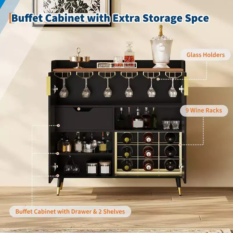 Petit buffet noir avec portes cannelées et casier à vin intégré