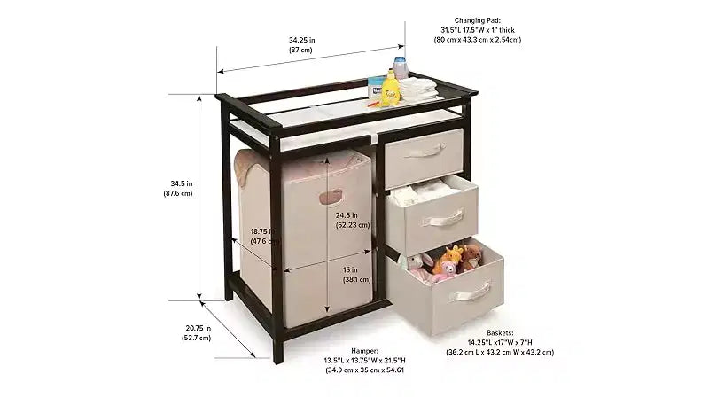 Table à langer évolutive pour bébé avec 3 paniers de rangement et un sac à linge