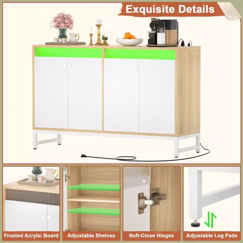 Bahut de rangement avec étagères réglables, éclairage LED et station de charge