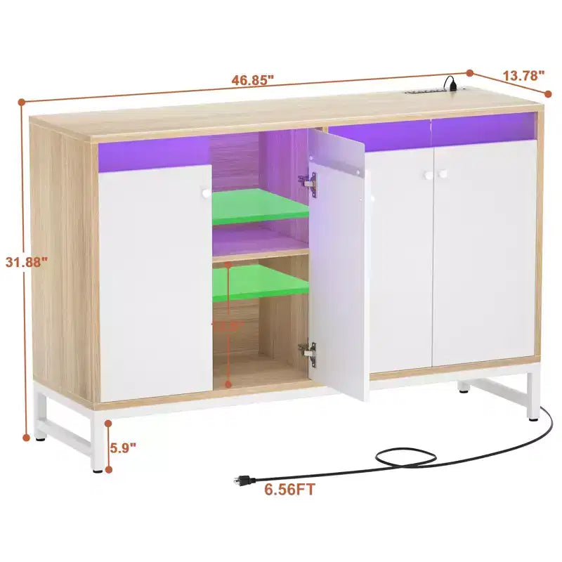 Bahut de rangement avec étagères réglables, éclairage LED et station de charge