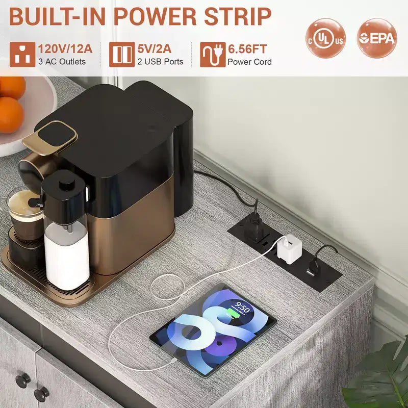 Bahut de rangement avec étagères réglables, éclairage LED et station de charge