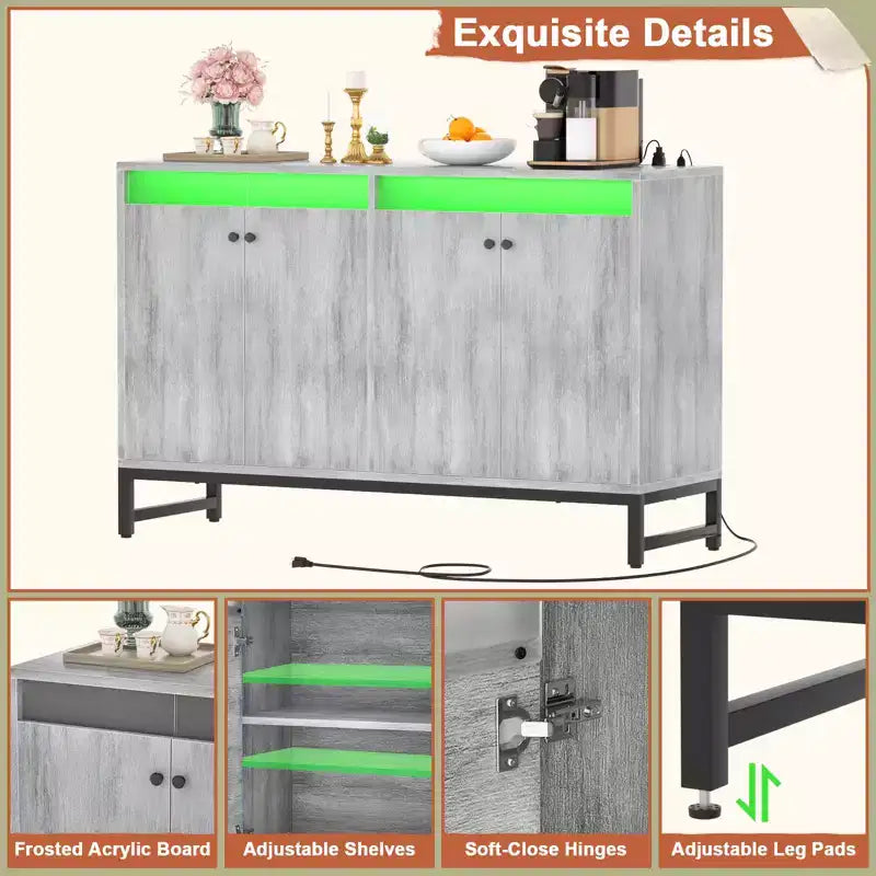 Bahut de rangement avec étagères réglables, éclairage LED et station de charge
