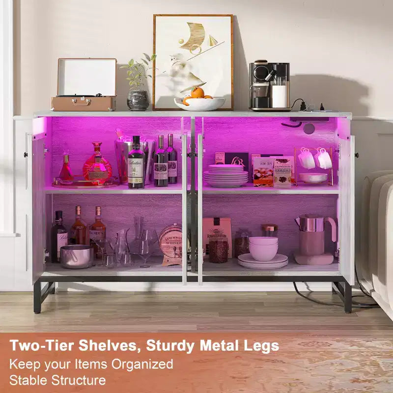 Bahut de rangement avec étagères réglables, éclairage LED et station de charge