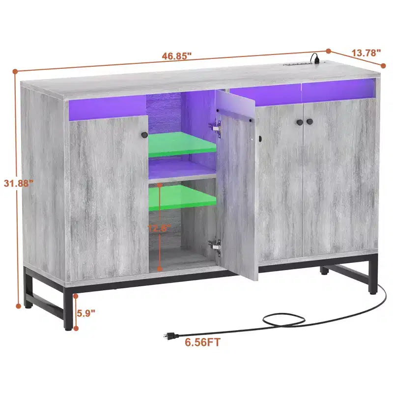 Bahut de rangement avec étagères réglables, éclairage LED et station de charge