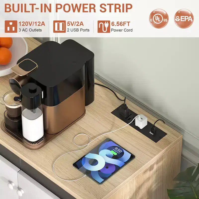 Bahut de rangement avec étagères réglables, éclairage LED et station de charge