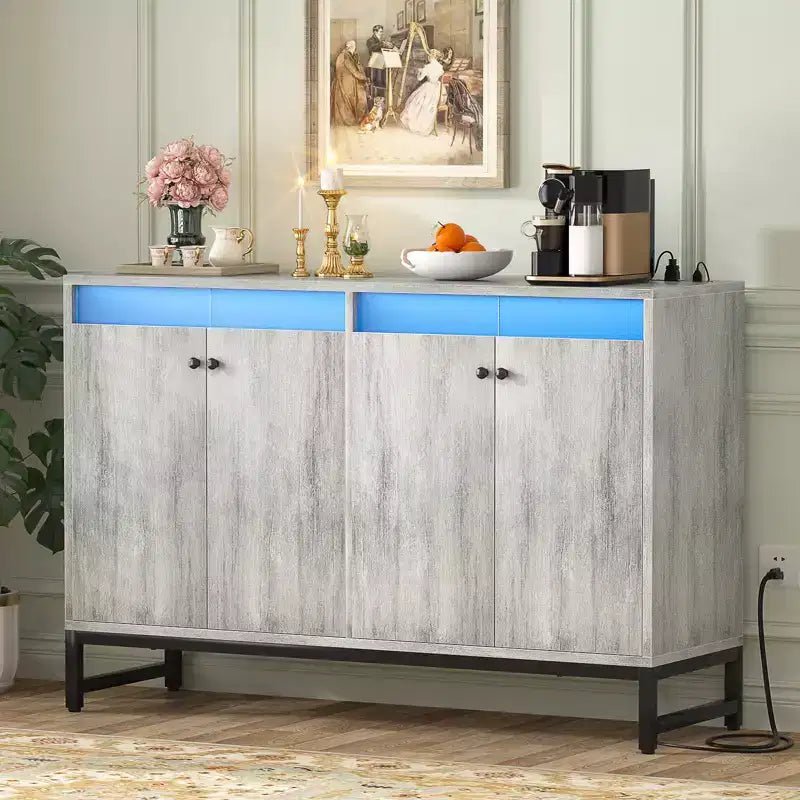 Besiost Storage Buffet Cabinet with Adjustable Shelves, Coffee Bar with Charging Station, LED Light