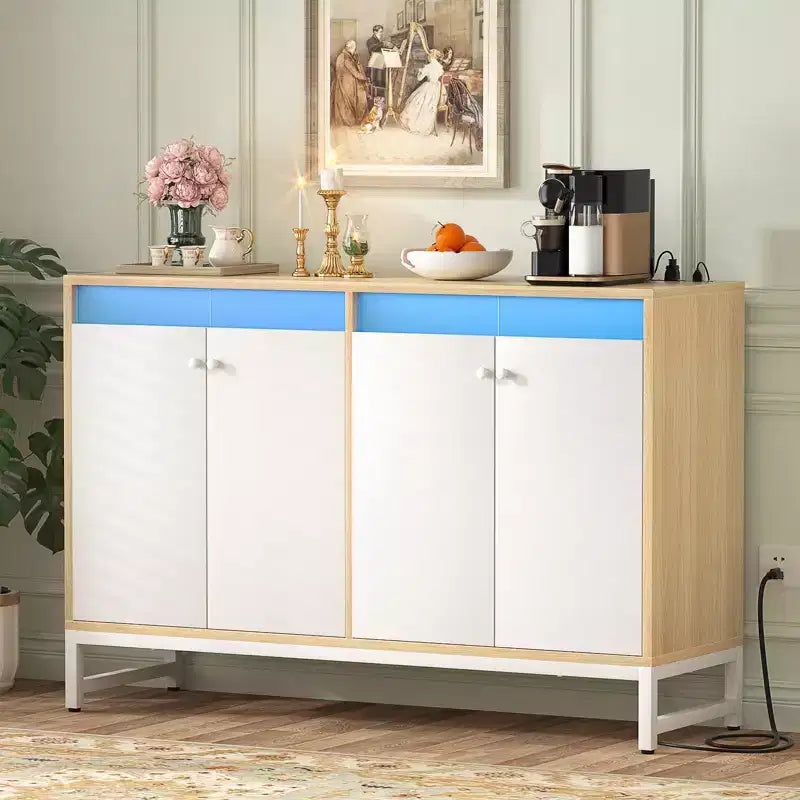 Bahut de rangement avec étagères réglables, éclairage LED et station de charge