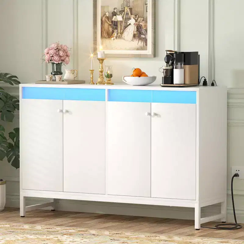 Bahut de rangement avec étagères réglables, éclairage LED et station de charge