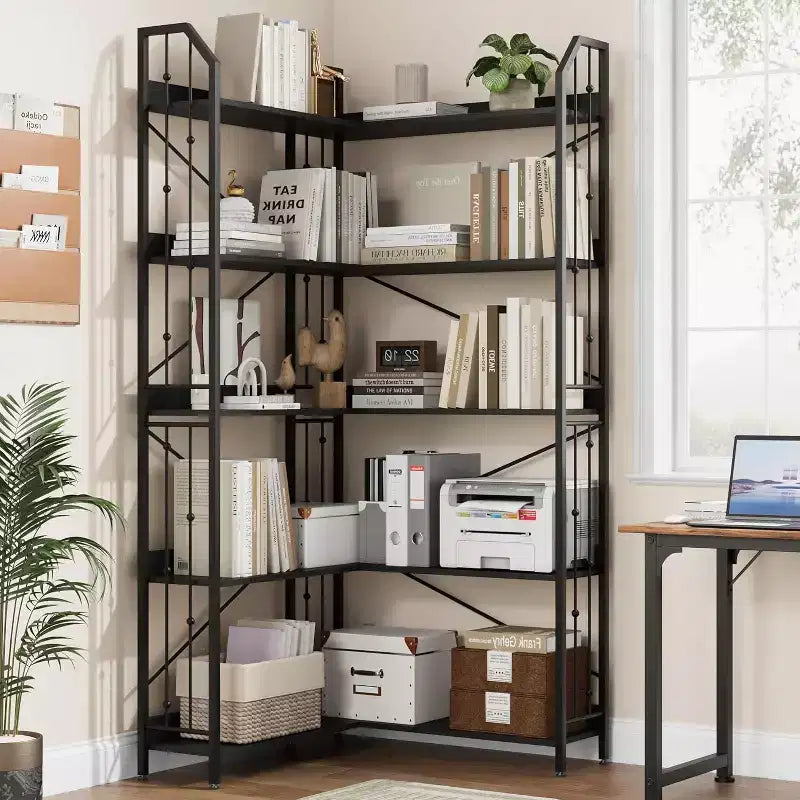 72-Inch L-Shaped Corner Bookcase, 5-Tier Tall Shelf with Beaded Design, Large Display Storage for Living Room or Bedroom, Black Finish