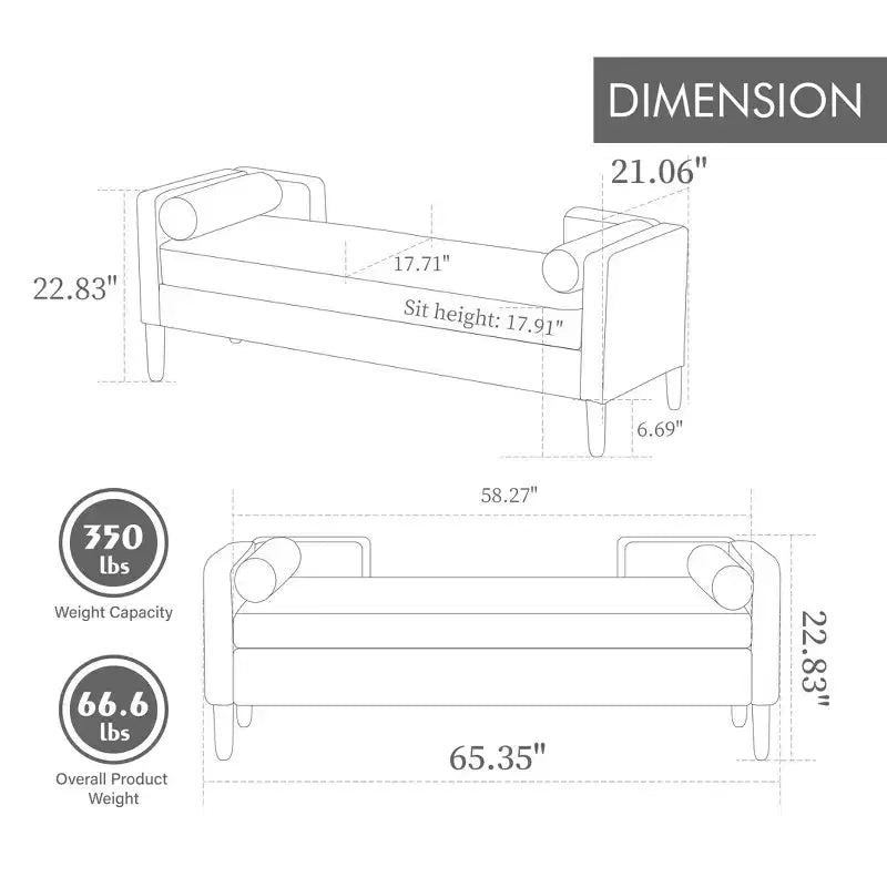 Banc de rangement moelleux de 165 cm de large avec 2 coussins cylindriques