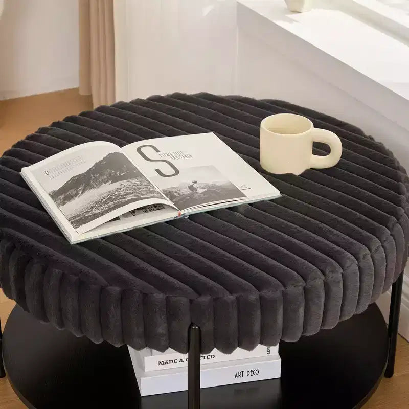Pouf rond en fausse fourrure à 2 niveaux avec étagère de rangement