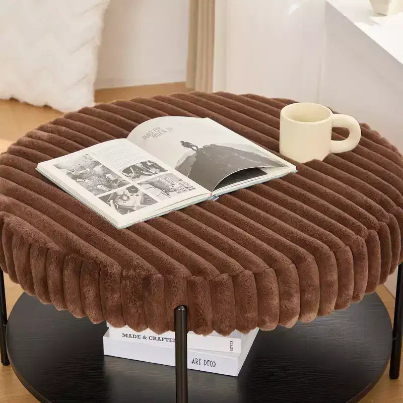 Pouf rond en fausse fourrure à 2 niveaux avec étagère de rangement