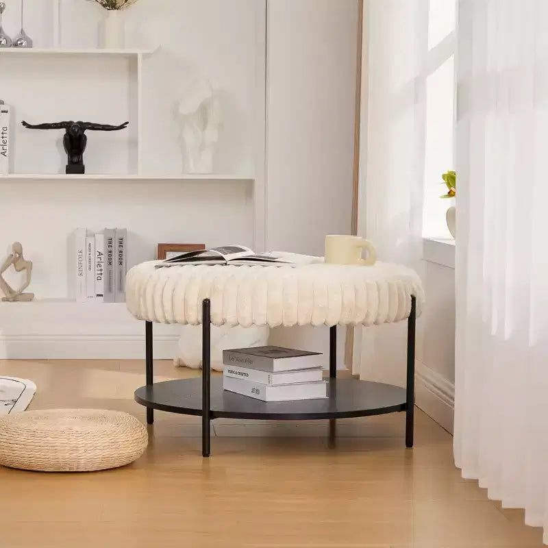 Pouf rond en fausse fourrure à 2 niveaux avec étagère de rangement